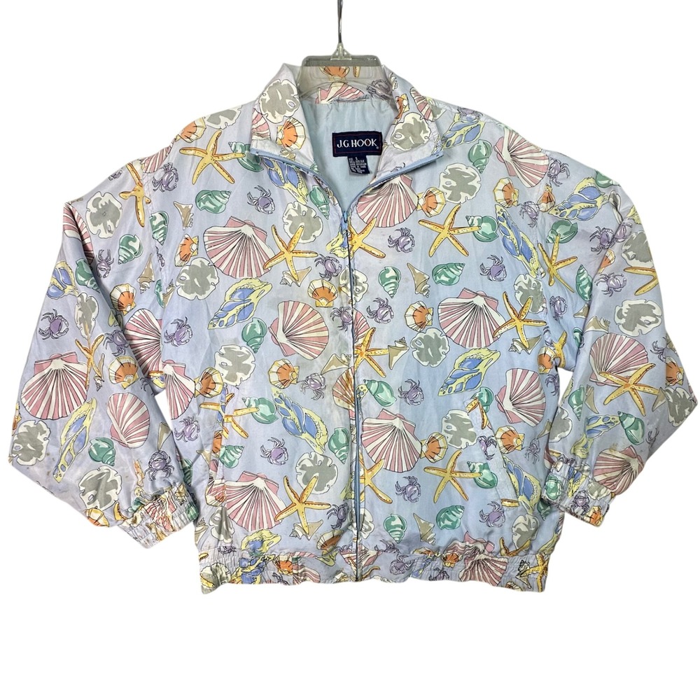 J.G. Hook Vintage 100% Silk Shell Print Bomber Jacket Coastal 90s Small Blue
